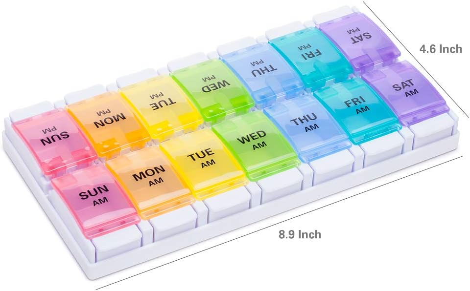 AM PM Weekly 7 Day Pill Organizer, Sukuos Large Daily Pill Cases Pill Box with Easy Push Button Design for Pills/Vitamin/Fish Oil/Supplements (Rainbow): Health & Personal Care