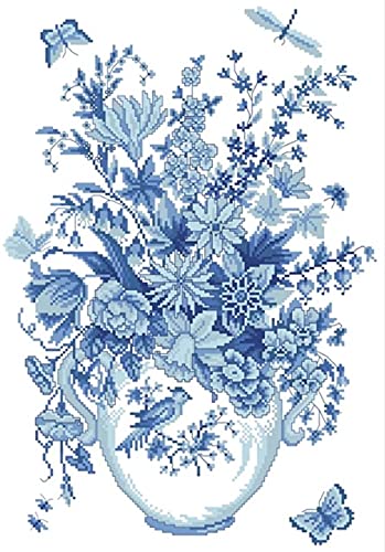 Simply Cross Stitch Porcelain Blue Chinese Vase Counted Cross Stitch Kit - Porcelain Blue Coloured Cross Stitch Kit - 6 DMC Coloured Thread - 14CT AIDA Fabric - 34x46cm