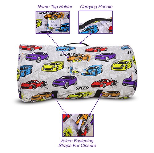 Kids Nap Mat with Removable Pillow - Soft, Lightweight Mats, Easy Clean Toddler Nap Pad for Preschool, Daycare, Kindergarten - Children Sleeping Bag (White with Cars Design) by Bambino Bliss - Thumbnail 5