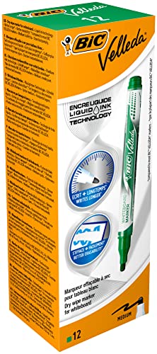 BIC Velleda Whiteboard-Marker Grün, Liquid Ink Tank, Rundspitze Medium – Trocken Abwischbar, Nicht Permanent, 12 Stück