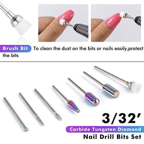 Diamond Nail Drill Bits Set - Ejiubas 7PCS Carbide Drill Bits Tungsten Acrylic Nail File Bits Cuticle Drill Bit 3/32 Inch Efile Nail Bit Fine Grit for Acrylic Gel Nails Cuticle Manicure Pedicure