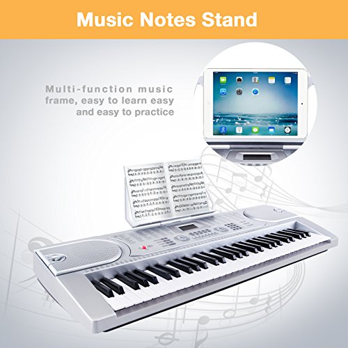 LAGRIMA 61 key Portable Electric Piano Keyboard, Include LED Display, USB/Headphones/MP3 Input, Music Stand, Power Supply and Microphone, Suit for Kids(Over 8 Years Old) Teen Adult Beginners, Silver