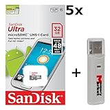 5 PACK - SanDisk Ultra 32GB UHS-I Class 10 MicroSDHC Memory Card Up to 48mb/s SDSQUNB-032G LOT OF 5 with USB 2.0 MemoryMarket dual slot MicroSD & SD Memory Card Reader