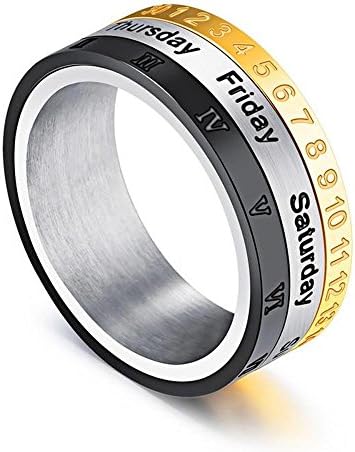enhong 8MM Men's Spinner Ring Calendar Time Roman Numerals Band Stainless Steel Rings for Women US 7-13