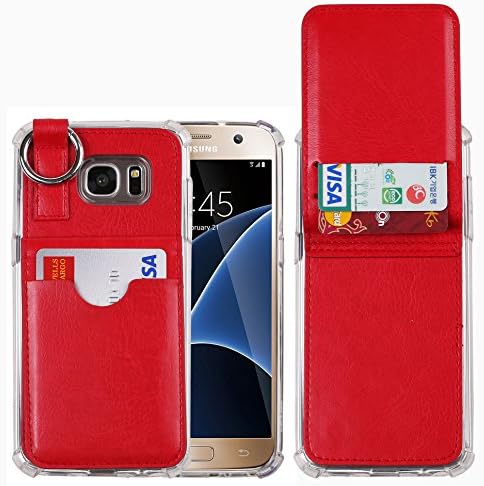 Galaxy S7 Wallet Case,[Pocket Ring Bumper] Credit Card Case [Kick Stand] Protective Hybrid Case [Key Ring Holder] with 3 Cards Slot Wallet for Galaxy S7 (Red)