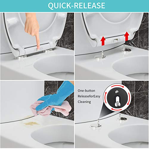 Toilet Seat with Oval Shape, Heavy Duty Urea-Formaldehyde Anti-Bacterial Material, Soft Close Toilet Seats White with One Button Quick Release, Adjustable Stainless Hinges, 2pcs Small Stickers