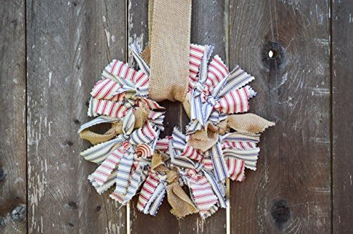 Fabric Rag Wreath for the rustic inspired home - small red white and blue ticking fabric wreath - nautical inspired