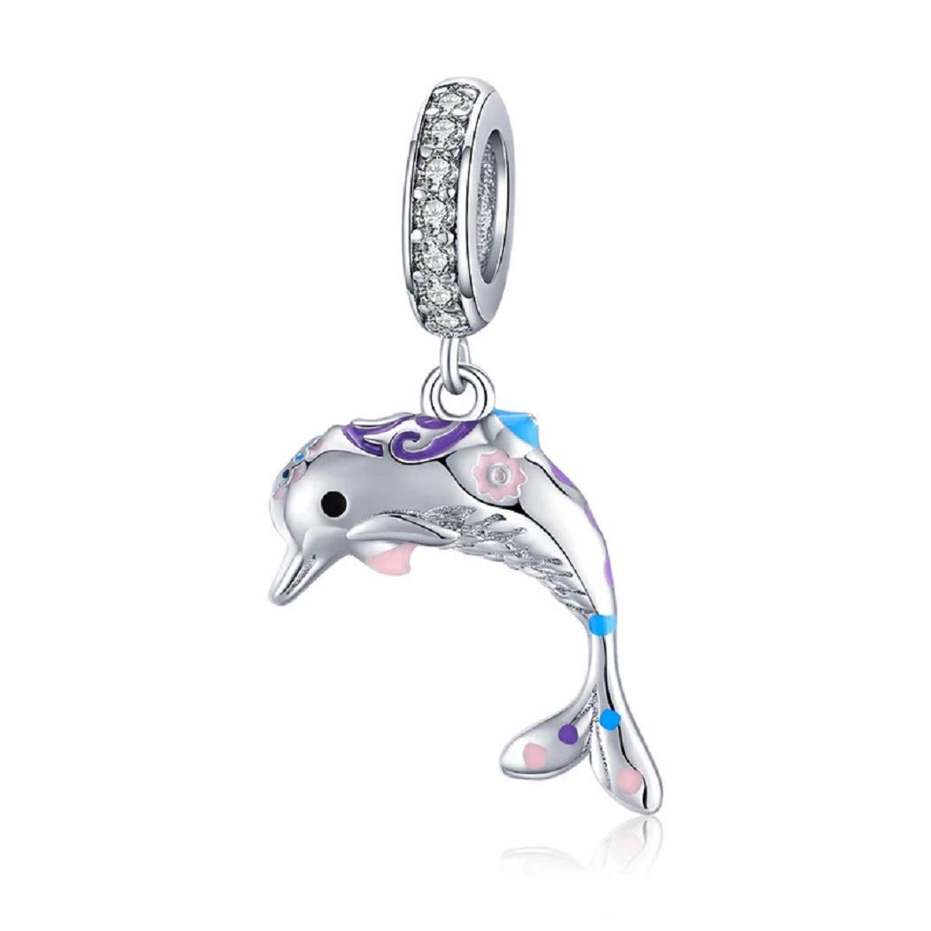FeatherWish Sterling Silver 925 Charm Dolphin Sea Animal Ocean Fish Travel Holiday Dangle Pendant Fits And Compatible With Pandora Bracelets Gift Friend Daughter Mum Wife (Dolphin With Enamel)