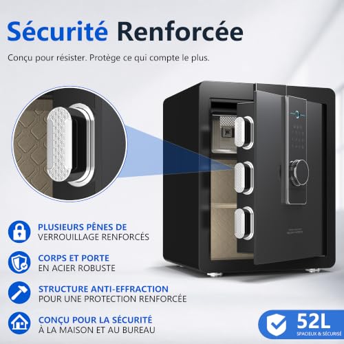 22 kg Heavy Duty Steel Safe 52 L Electronic Safe with Footprint, Digital Code and Key for Home and Office, Ideal for Jewellery, Money and A4 Documents, Instructions in French (Black, 52L)