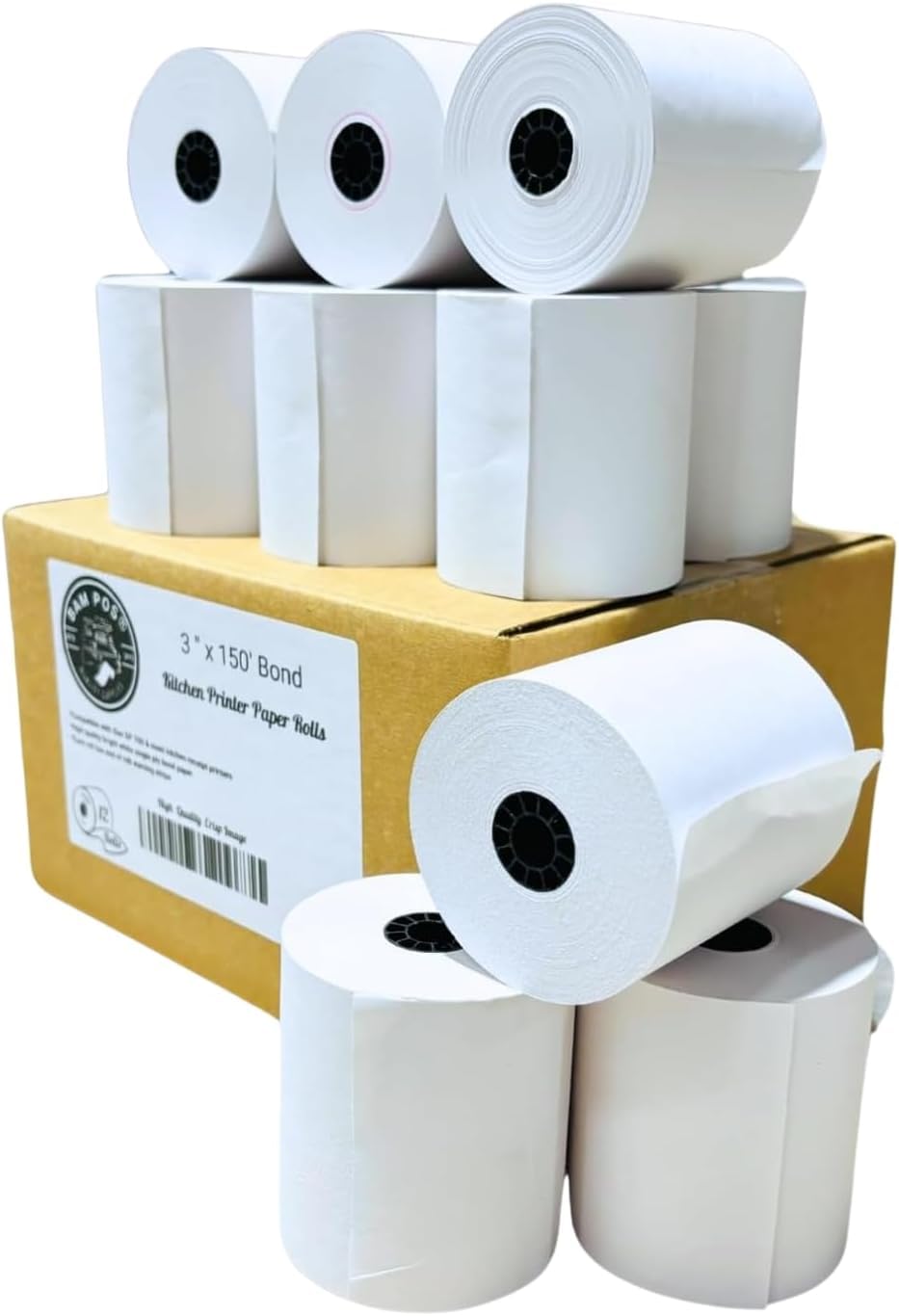 Photo 1 of BAM POS 1Ply Bond Receipt Paper Rolls 3 x 150 - White Paper for Kitchen Impact Printers TMU200 SRP275 Star SP700 - Suitable For Printing Kitchen Tickets and Order receipts - 12 Rolls Per Case