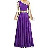 IBAKOM Liturgical Praise Dance Worship Long Dress for Women Metallic Gold Color Block Loose Fit Full Length Church Dancewear