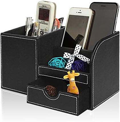 Leather Desk Organizer with Drawer, Jokovian Multi-function Pencil Holder f or Desk to organize Pen, Pencil, Name Cards, Phone, Key, Remote Control Holder for Home, Office, School (Medium, Black)
