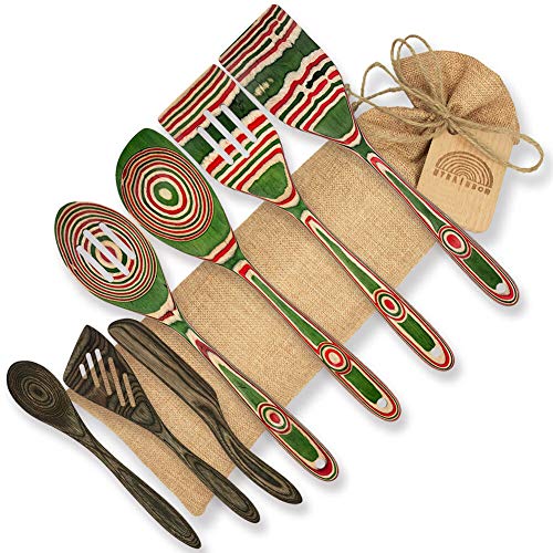 MYRAINBOW Pakkawood Cooking Utensils Spoons Set - Slotted Spoon, Corner Spoon, Straight-Edge Spatula, Slotted Tuner, Stirring Spoon, Slotted Spatula, Spreader, With Gift Message Board, Eco-friendly