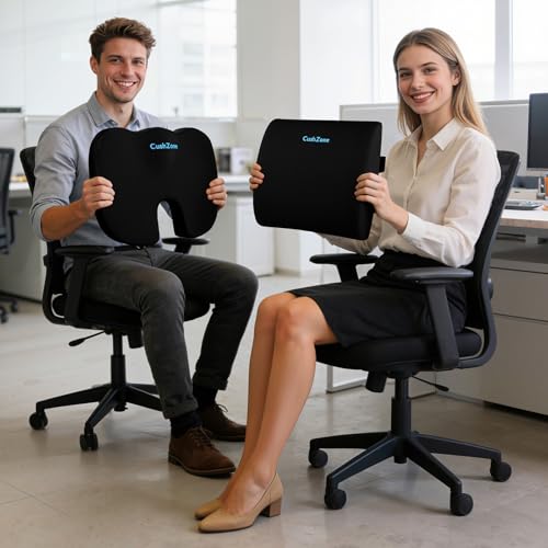 CushZone Seat Cushion,Lumbar Pillow with Adjustable Strap Sciatica Pain Relief with Washable Memory Foam Cover for Car, Travel, Wheelchair, Black