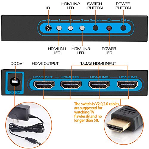 4K@60Hz HDMI Switch FiveHome 3 in 1 Out HDMI Switcher with IR Remote Support Auto Switch HDR HDCP 2.2 Dolby Vision1080P 3D