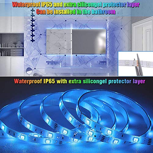 AveyLum RGB LED Strip Light 32.8ft DreamColor Flexible Tape Lights 5050 SMD RGB 300 LEDs Waterproof IP65 Rope Light with 44 Keys Wireless Controller and 12V Power Adapter for Home Kitchen Party Deco