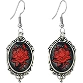 Gothic Rose Dangle Earrings for Women Vintage Crystal Bat Drop Earrings Punk Style Gemstone Cameo Rose Flower Earrings Halloween Dark Satan Demon Costume Accessories