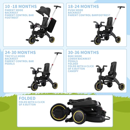 AM ANNA Folding Kids Tricycle, 5 in 1 Baby Trike W/Removable & Adjustable Canopy, Parent Handle, 5-Piont Safety Harness, Toddler Bike Stroller, EVA Wheels, Soft Armrest (Black with Storage Bag)