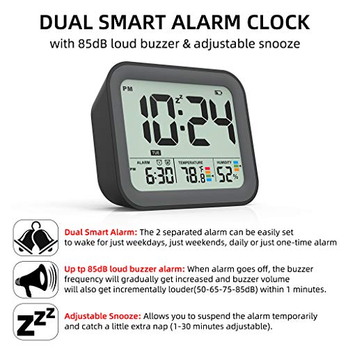 Battery Operated Digital Alarm Clock, Dual Smart Alarm with Workdays
