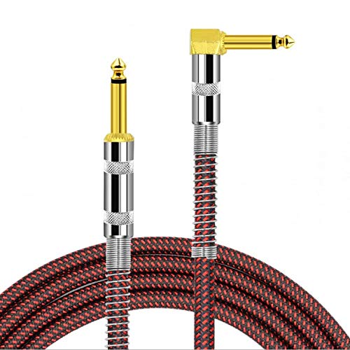 BIGGZ Professional Guitar Lead 3M/10ft, 6.35mm 1/4" Right Angled Nylon Braided Gold Plated Guitar Instrument Cable for Electric Guitar, Bass, Amp, Keyboard, Mandolin, Mixing Desks-STR/ANG (RED)
