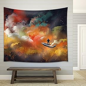 Man on a Boat in The Outer Space with Colorful Cloud,Illustration - Fabric Wall Tapestry Home Decor - 51x60 inches