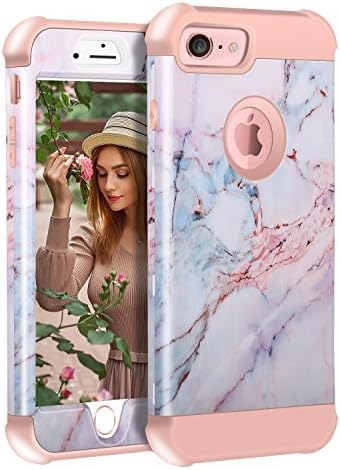 iPhone 7 Case, iPhone 8 Case, KAMII Marble Pattern Tri-Layer Soft Flexible Silicone and Hard PC Hybird Defender Bumper Case for Apple iPhone 8/iPhone 7/iPhone 6S/iPhone 6 4.7” (Pink+Rose Gold)