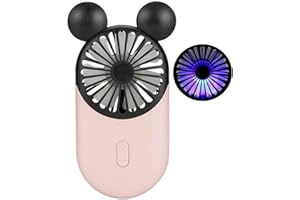 Kbinter Cute Personal Mini Fan, Handheld & Portable USB Rechargeable Fan with Beautiful LED Light, 3 Adjustable Speeds, Portable Holder, for Indoor Or Outdoor Activities, Cute Mouse (Pink)