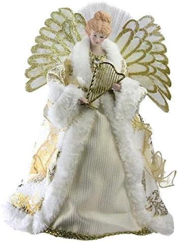 12" Lighted B/O Fiber Optic Angel in Gold and Cream Gown with Harp Christmas Tree Topper