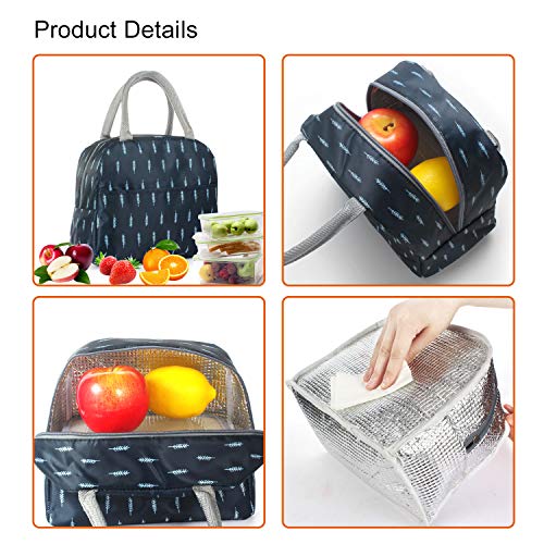 Lunch Bag,Reusable Insulated Lunch Bag Cooler Tote Box with Front Pocket Zipper Closure for Woman Man Work Picnic or Travel Blue White Feather (Style 2)