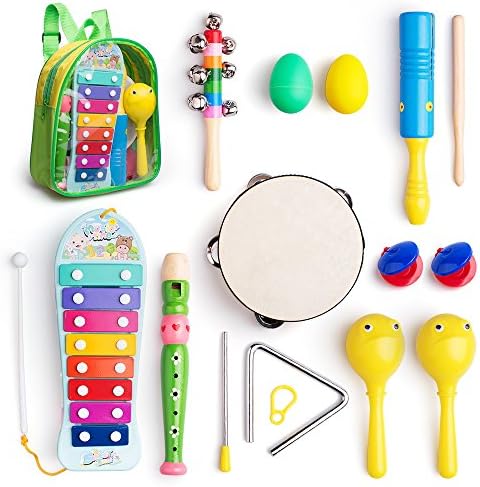 Musical Instruments Toys Set for Kids, Toddlers, Pre-School, Includes Xylophone, Maraca, Egg Shaker, Flute, Tambourine, Bell Stick, Finger Clapper, Triangle, Tone Blocks with Carry Backpack