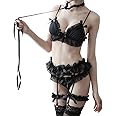 Jilneed Sexy Lingerie For Women For Sex Anime Cosplay Costumes Lace Garter Belt Womens Pajama Set (Black)