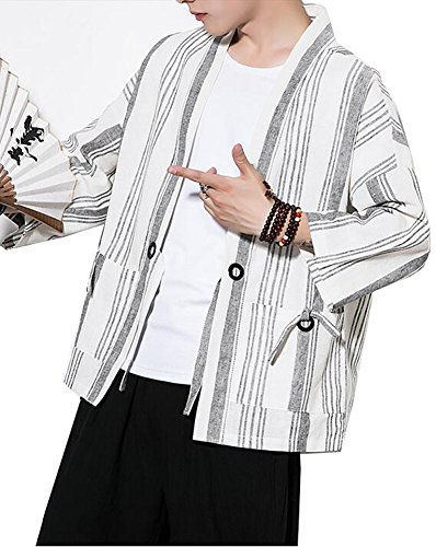 Men's Cotton Linen Retro Striped Kimono Cardigan Cloak Jacket 2XL (White Striped, Large) - Thumbnail 6