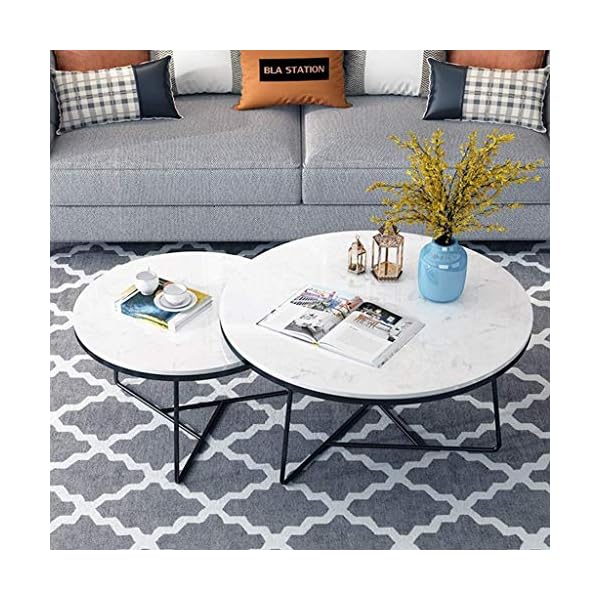 Coffee-Table-Set-of-2Nesting-Round-Tea-Tables-White-Marble-Topwith-Golden-Rim-Decoration-Unique-Frame-Design-Base-for-Living-Room-and-HomeColorBlack