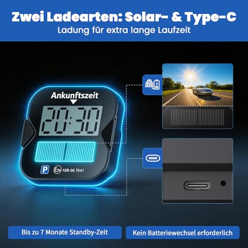 WhiteRhino Electronic Parking Disc, KBA Approved, Digital Parking Disc with E-Mark, with Two Displays, Automatic Parking Time Detection, Solar & Type-C, Car Switch to Summer Time, Car Accessories (1 Piece)