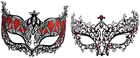 1Bay Beautiful Christmas Pair Black Mystique Collection Sexy Couple Masquerade Mask with Red Rhinestones.