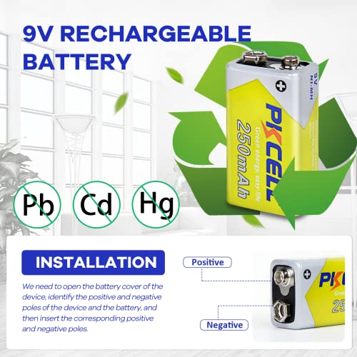 9 Volt Rechargeable Batteries, 9V NIMH Battery 250mAh 1200+ Cycles
