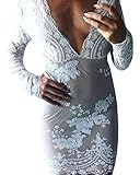 Farktop Women 's Sexy Mesh Sheer Deep V-Neck Long Sleeves Floral Embroidery Party Pencil Dress