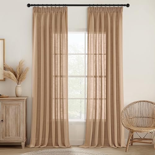MIULEE Gardinen Vorhänge mit Kräuselband Schlaufenschal Voile Vorhang Modern Leinenoptik Halbtransparent für Wohnzimmer Schlafzimmer Raumteiler Schiebevorhang 2er Set Stores Braun 260x140 cm
