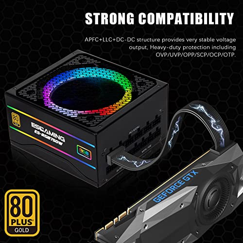 ESGAMING Power Supply 750 Watt, 80+ Gold Certified, Fully Modular RGB