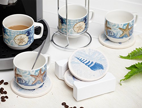 CEDAR HOME Coffee Ceramic Mug Saucers Set Porcelain Stacked Tea Cup With Holder and Plate 6oz., Set of 4, Blue