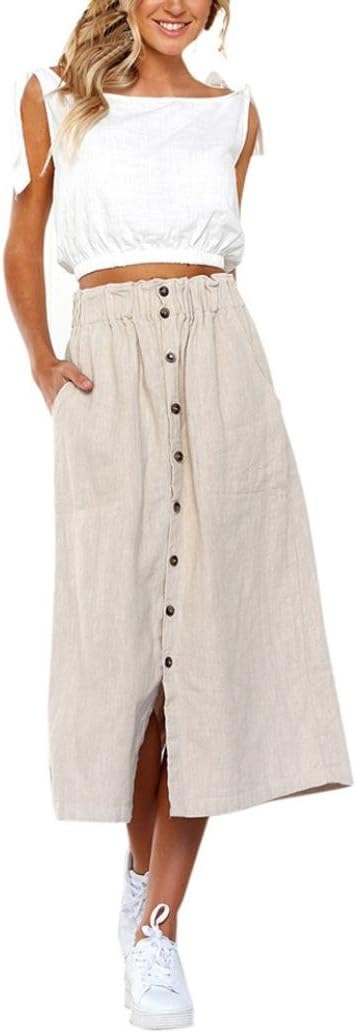 Womens Daily Bohemia High Waist Linen Button Beach Wrap Maxi Long Skirt