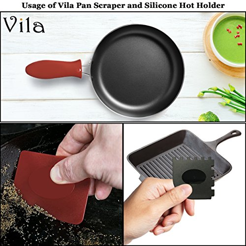 Pan Scraper --- 6-in-1 Pack Kitchen Solution - 100% Silicone Hot Handle Holders - Sticker & Gum Remover - Durable & Flexible Plastic Material - Fits Curved & Flat Corners - Multi Usage - Red & Black - Thumbnail 4
