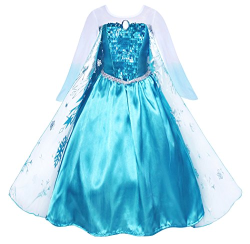 Cotrio Girls' Elsa Dress Up Costume Halloween Cosplay Them Party Princess Dresses Outfits with Accessories 2-12Years (6, 5-6Years, Wig, Gloves, Tiara/Crown, Wand/Scepter)