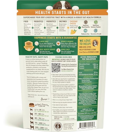 PERFECT POOP DIGESTION & GENERAL HEALTH SUPPLEMENT FOR DOGS: FIBER, PREBIOTICS, PROBIOTICS & ENZYMES RELIEVE DIGESTIVE CONDITIONS, OPTIMIZE STOOL, AND IMPROVE HEALTH (CHEDDAR CHEESE, 4.2 OZ)