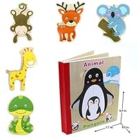 Wooden Books Puzzle - Animals | Wooden Books - 6 Collapsible Pages of Various Shapes and Colors |Developing of Fine Motor Skills, Memory Toys for Kids| Learning Shape, Color and Sorting| Birthday Gift