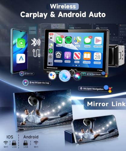 VECHTEL Autoradio 1 DIN con Schermo IPS Orientabile da 7 Pollici 1024x600 | Wireless CarPlay & Android Auto, Bluetooth 5.2, FM/AM/RDS Radio, Mirror Link, USB, Rückfahrkamera, Lenkradsteuerung