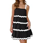Fuimsul Women Rickrack Trim Flowy Mini Dress Sleeveless Backless Square Neck RIC Rac Strap Flared Ruffle Boho Sundresses