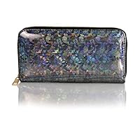 Elliott and Oliver Co. Holographic Checkbook Wallet- Sparkly Iridescent Rainbow Design Long Card Slot Holder Bifold Zip Around Clutch (Chunky Hologram Black)