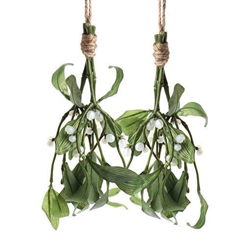 Factory Direct Craft Set of 2 Artificial Green Silk Mistletoe Sprigs Accented with White Berries and Jute Cord