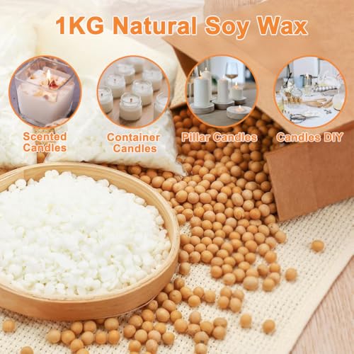Soy Candle Wax for Candles Making 1kg Bag Natural Soy Candle Wax Flake with 50pcs 12cm Cotton Wick 100% Pure Soy Wax Chip Paraffin-Free Premium Scented Candles Making DIY Supply for Adult Beginner Kid